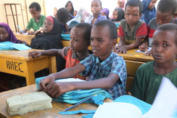 Provizorní školy, školy pod otevřeným nebem. UNICEF se snaží zajistit přístup k základnímu vzdělání pro všechny chlapce i dívky, ať žijí kdekoliv. Vzdělávací středisko funguje například i v táboře Bodan pro vysídlené osoby v Somálsku. Děti zde mají šanci rozvíjet nejen své vědomosti, ale rovněž přátelství. © UNICEF/Mumin
