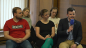 Debata o demokracii, právu a bezpečnosti. Na snímku přímý účastník jednání panelu CoFoE, student Matouš Bělohlávek a vysokoškolští studenti.